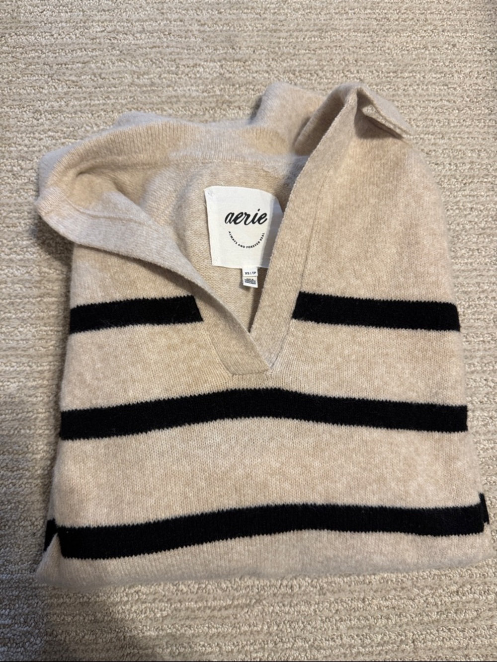 aerie Beige Hooded Sweater with Black Stripes